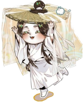 [Image ID: A chibi Xie Lian from the series Heaven Official's Blessing. He runs in excitement and has his hands up in the air, one holding his straw hat to keep it steady. He is illustrated by the manhua artist STARember. End ID.]