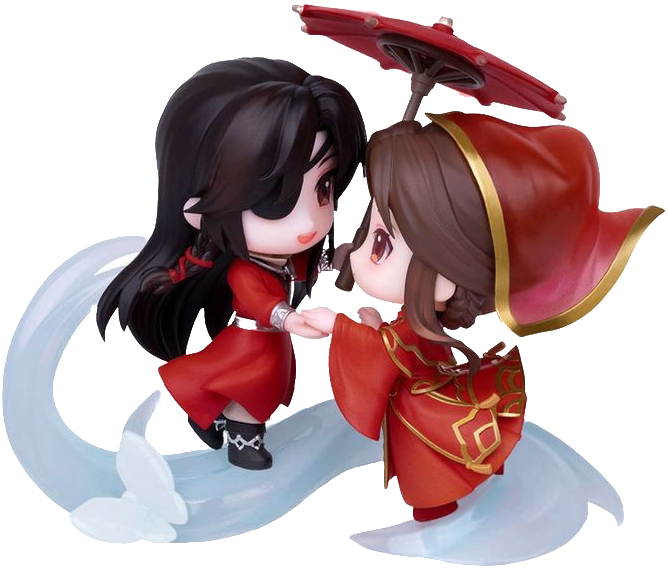 [Image ID: Two chibi figurines of Hua Cheng and Xie Lian from the novel Heaven Official's Blessing. The figurines are produced by the Japanese brand Good Smile Company. End ID.]