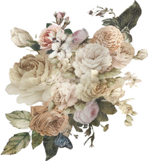 [Image ID: A photorealistic painting of a bouquet of different flowers. The flowers are mostly white or in light shades of pink and brown. End ID.]